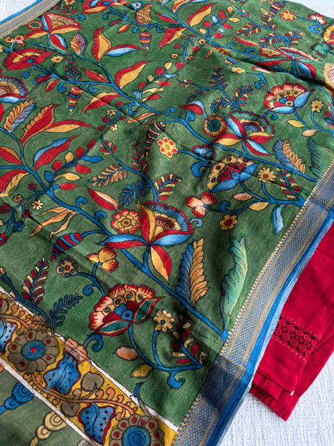 L size Red kurta pant with kalamkari dupatta