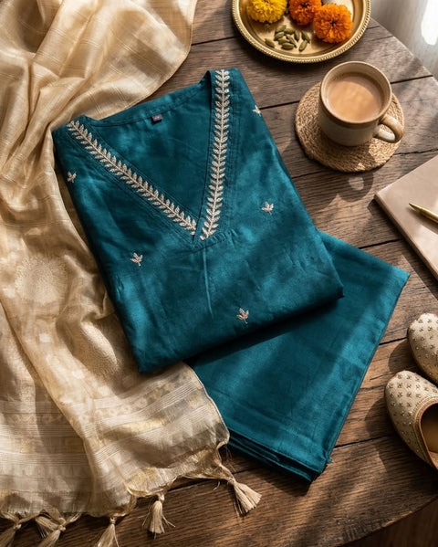 V neck silk cotton suit set