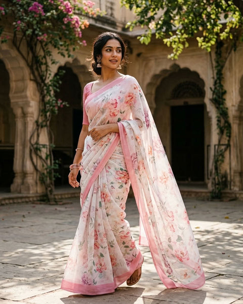 Floral printed georgette saree