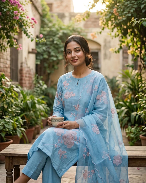 Pastel Blue Mul chanderi Ready suit set