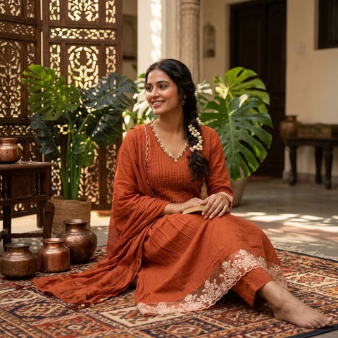 V neck lace work cotton suit set