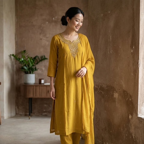 Embroidery mul chanderi kurta pant set
