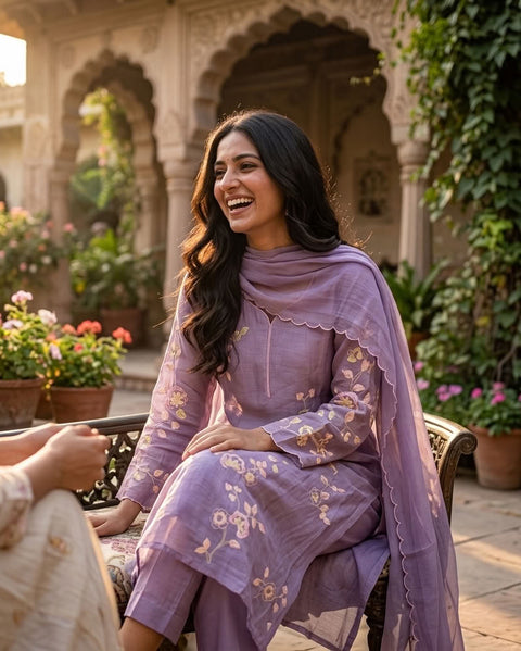 Lavender mul chanderi emb suit set