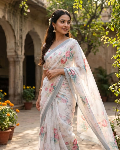 Floral printed georgette saree