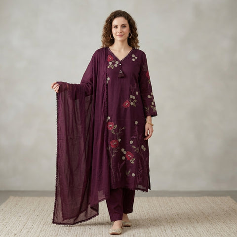 Wine floral emb pure cotton suit set