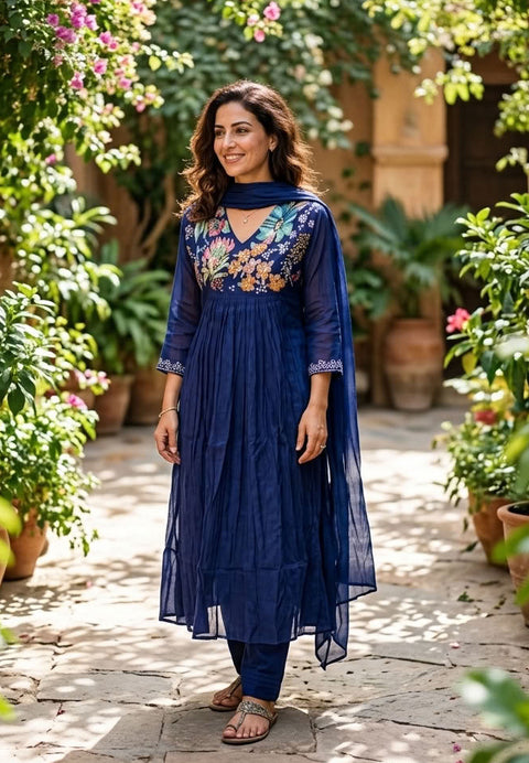 Hand emb mul chanderi Ready suit set - Electric Blue