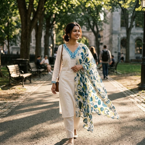 V neck muslin ready suit set