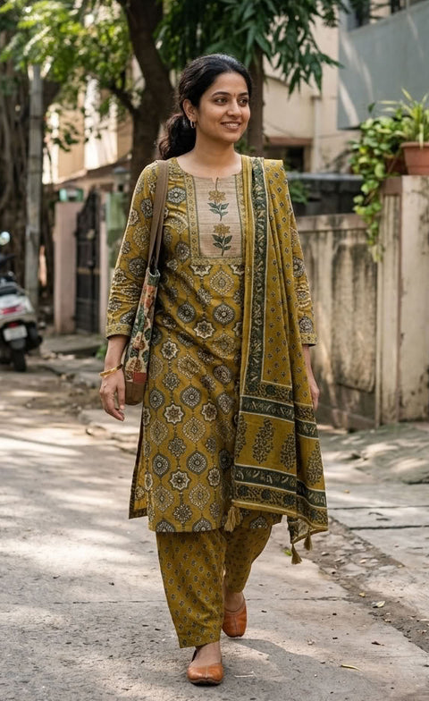 Printed cotton kurta pant set
