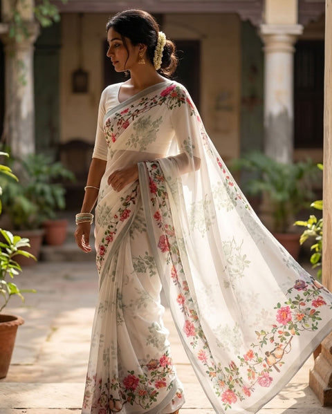 Floral printed georgette saree
