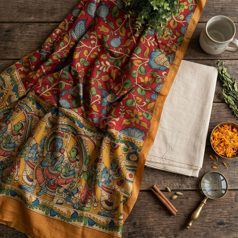 Plain Cotton Rayon top with kalamkari dupatta