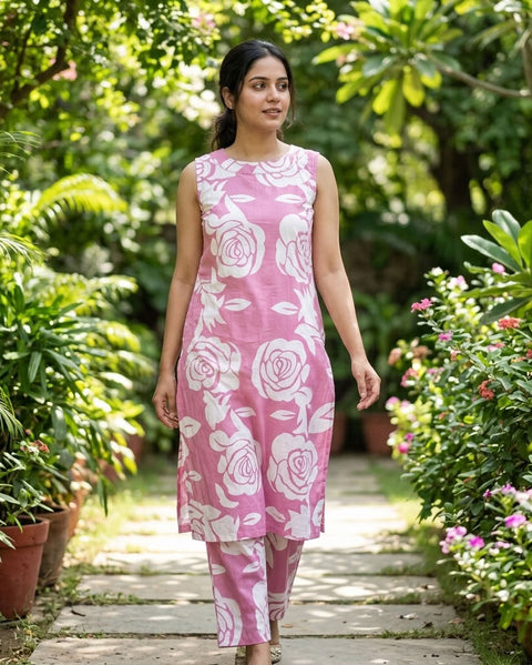 Sleeveless Floral printed kurta pant - Pink