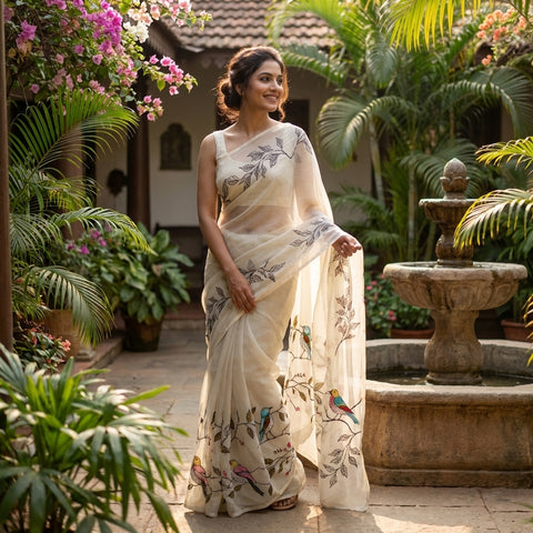Light grey bird emb georgette saree