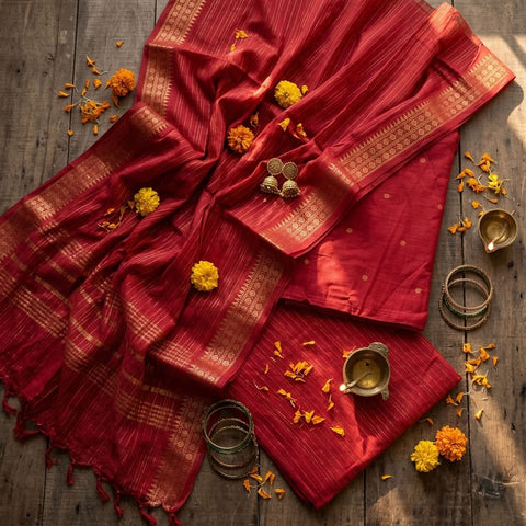 Handloom cotton salwar suit material-Red
