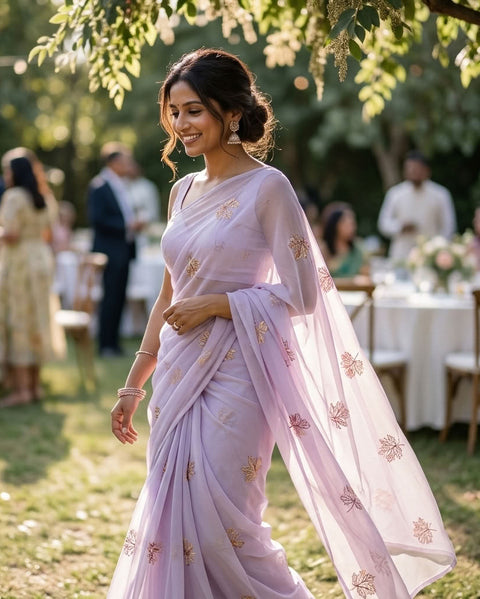 Lavender maple leaf emb georgette saree
