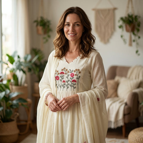 Cream emb pure mul cotton suit set