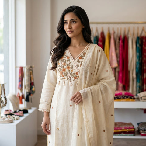 Floral emb mul cotton suit set