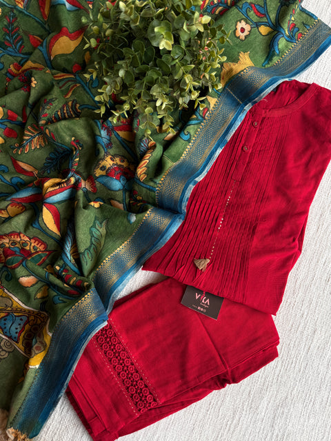 L size Red kurta pant with kalamkari dupatta