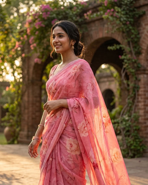 Floral printed georgette saree