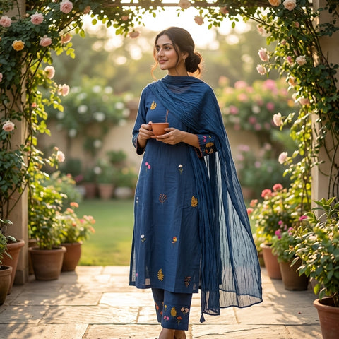 Floral emb slub cotton suit set