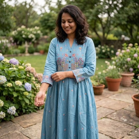 Floral emb blue pure cotton suit set