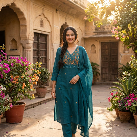 Floral emb mul cotton suit set