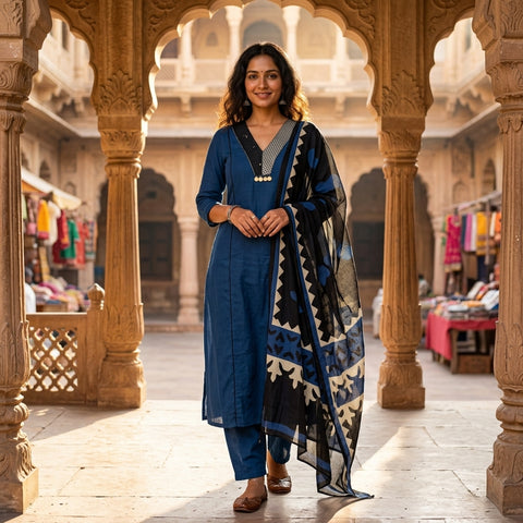 V neck black blue cotton suit set