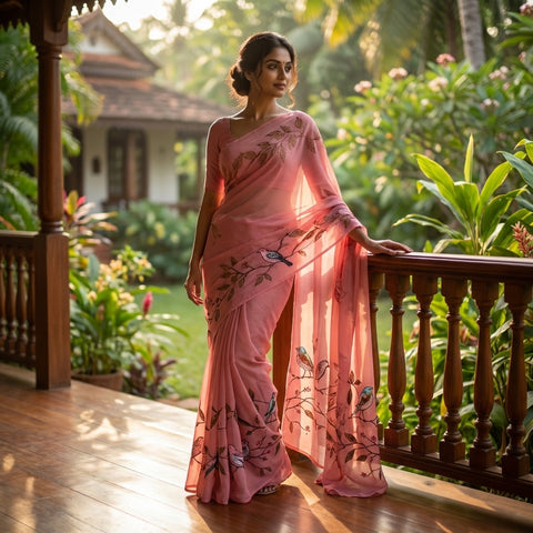 Pink bird emb georgette saree