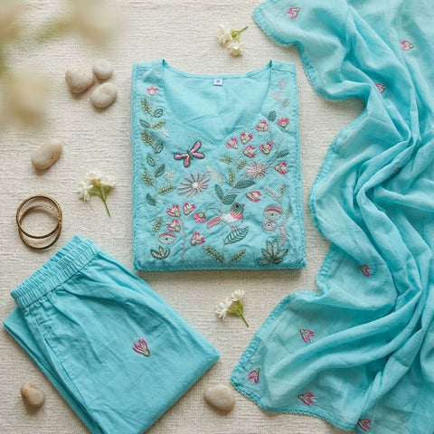 Yoke emb pure cotton Ready suit set