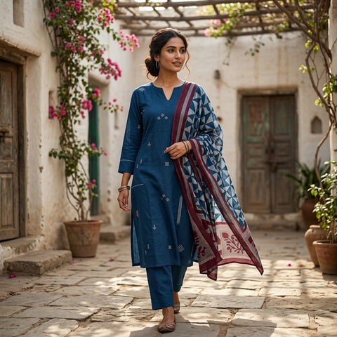 Blue embroidery pure cotton suit set