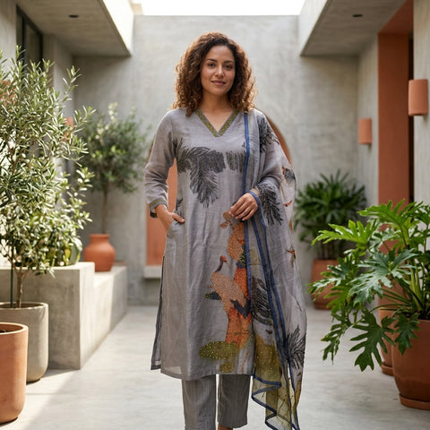 Grey linen cotton grey suit set
