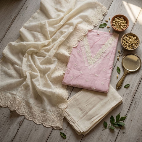 Emb chanderi suit top with cotton dupatta