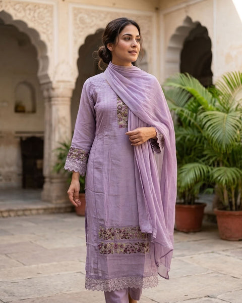 Lavender Lace and emb kurti pant set