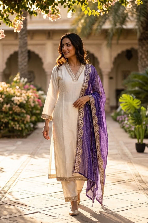 V neck Russian silk kurti pant set