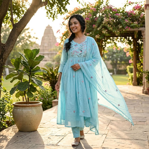 Yoke emb pure cotton Ready suit set
