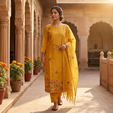 French knot hand emb silk linen set