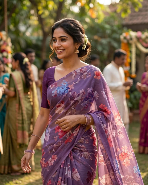 Floral printed georgette saree