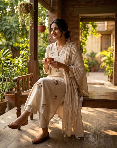 Lace neck pure cotton Ready suit set