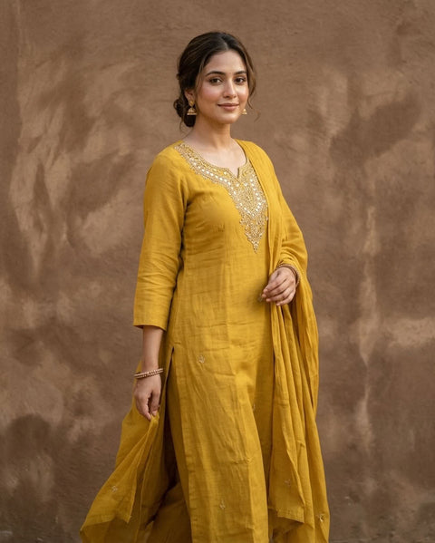 Embroidery mul chanderi kurta pant set