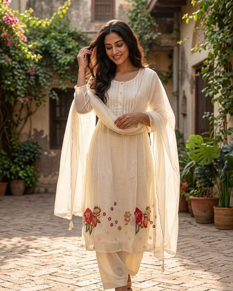 Colourful emb mul chanderi suit set