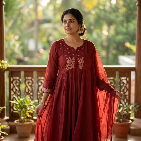Maroon potli work cotton kurta pant set