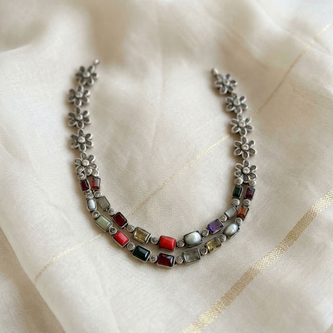 925 silver double layer navratna necklace