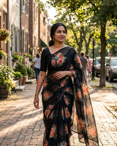 Floral printed georgette saree