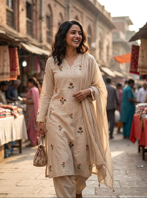 Lace neck pure cotton Ready suit set
