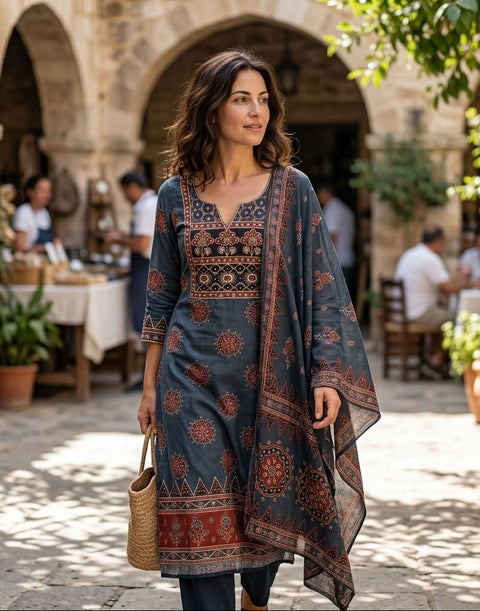 Ajrakh Printed Russian silk suit material