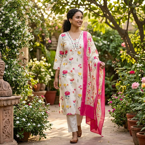 Floral printed modal silk suit set