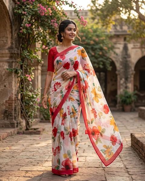 Floral printed georgette saree