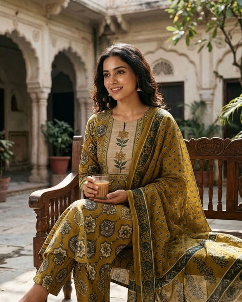 Printed cotton kurta pant set