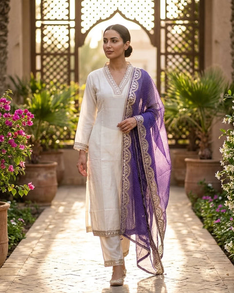 V neck Russian silk kurti pant set