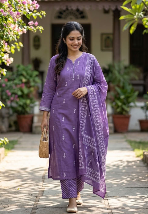 Purple pure cotton Ready suit set