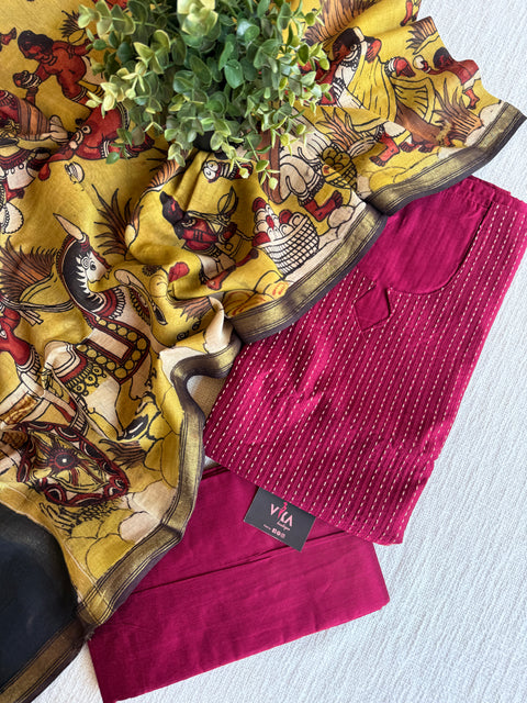 Silk cotton suit material with Pen kalamkari silk Dupatta
